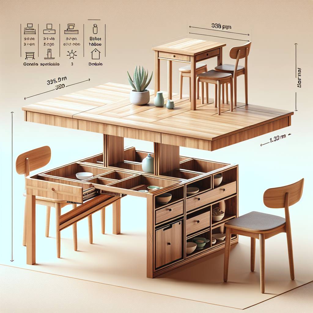 Illustration of an organized wooden desk with storage compartments.