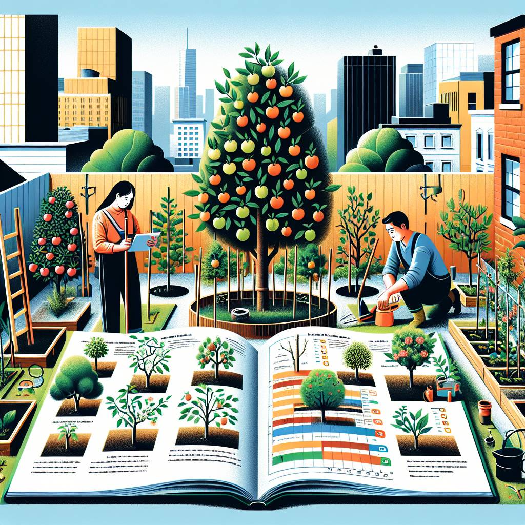 Illustration of urban gardening and tree lifecycle in a book.