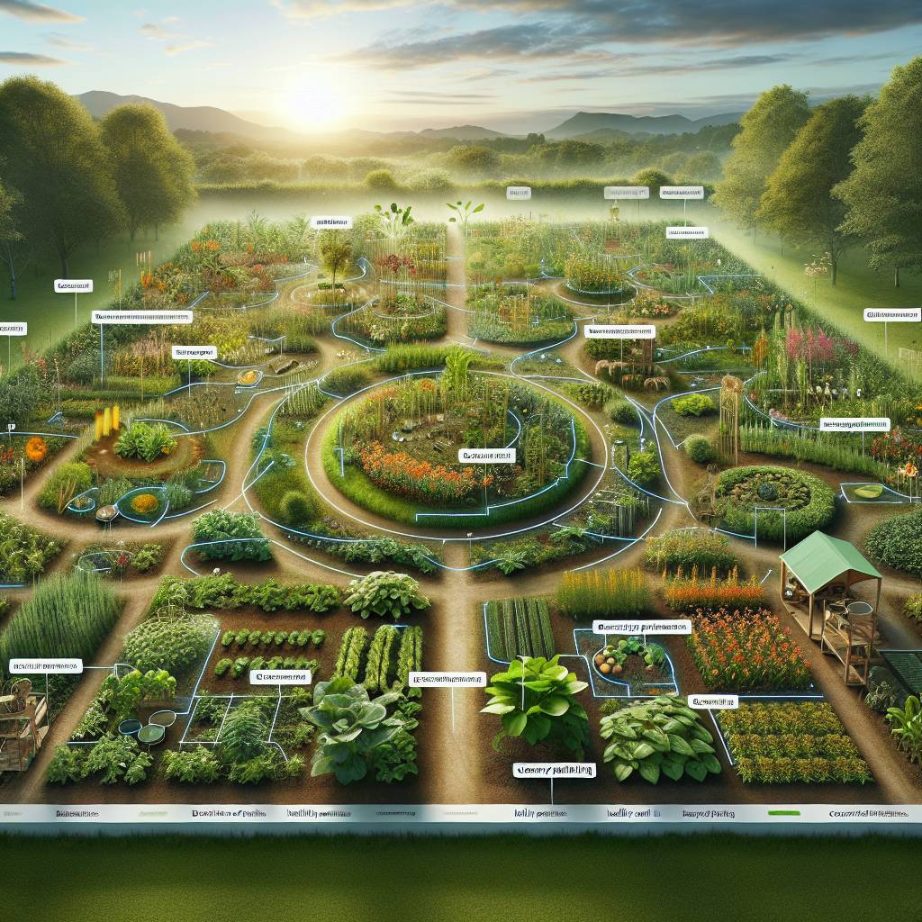 Sustainable garden maze with labeled plants at sunrise.