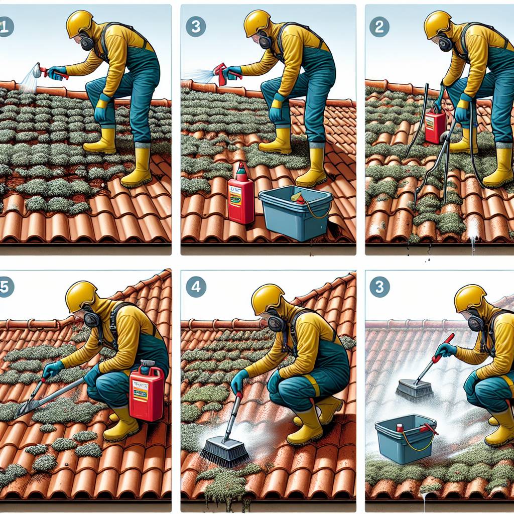 Step-by-step roof cleaning process illustration.