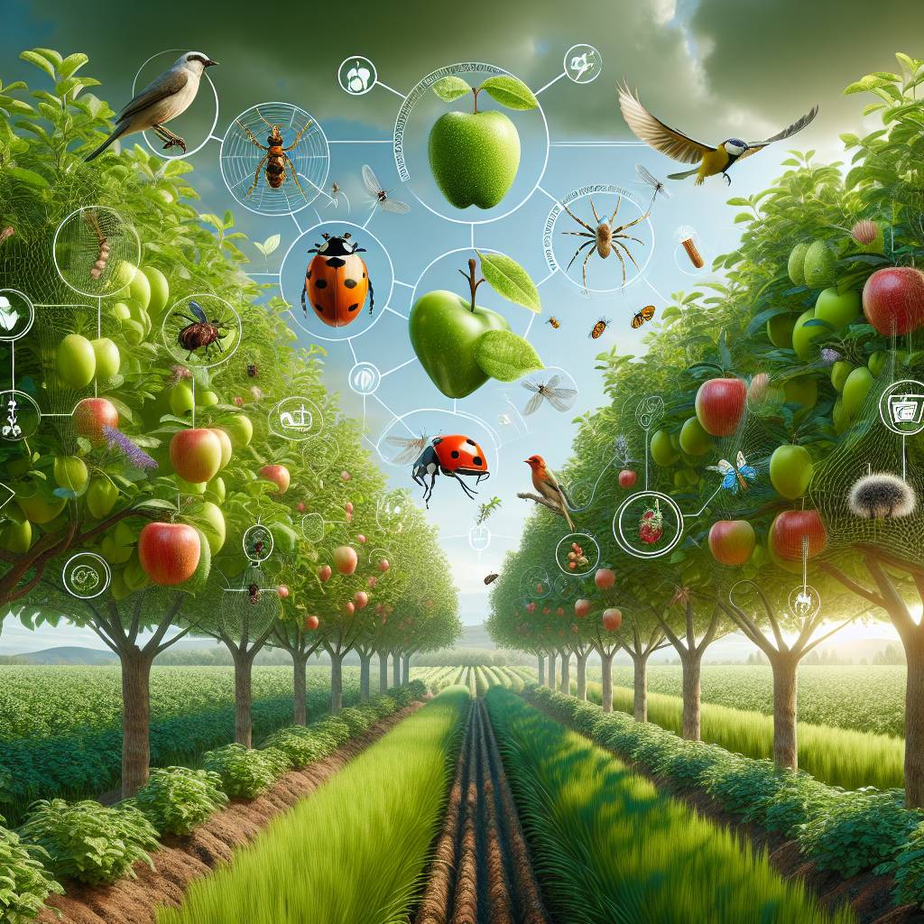 Orchard ecosystem with birds, insects, and interconnected cycles.