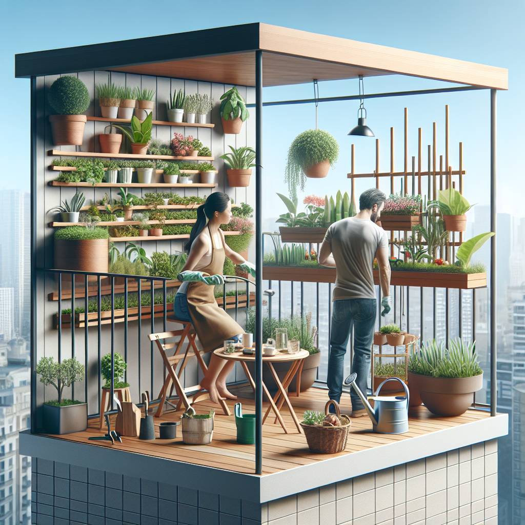 Urban balcony garden with two people tending plants.