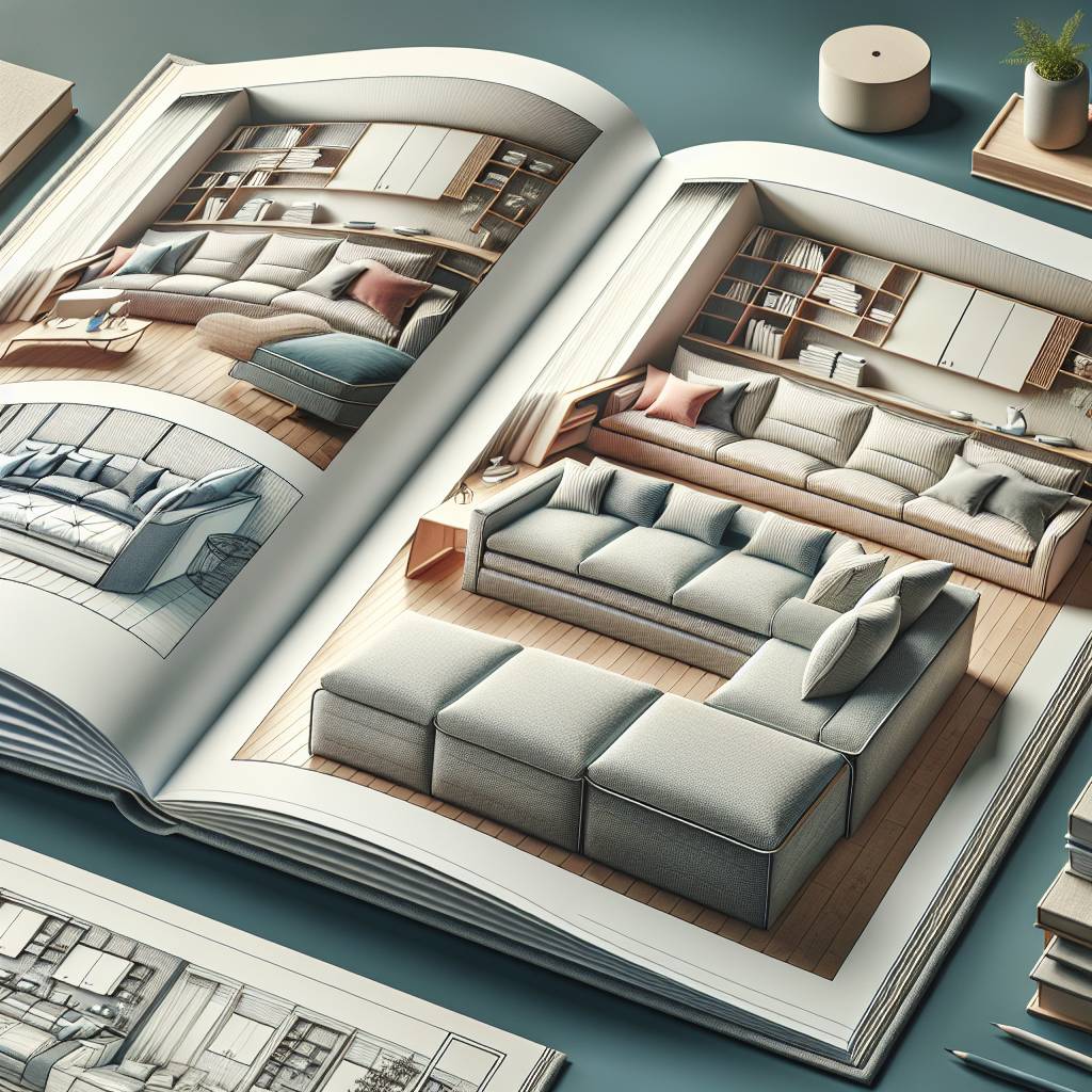 3D illustration of open book with living room design.