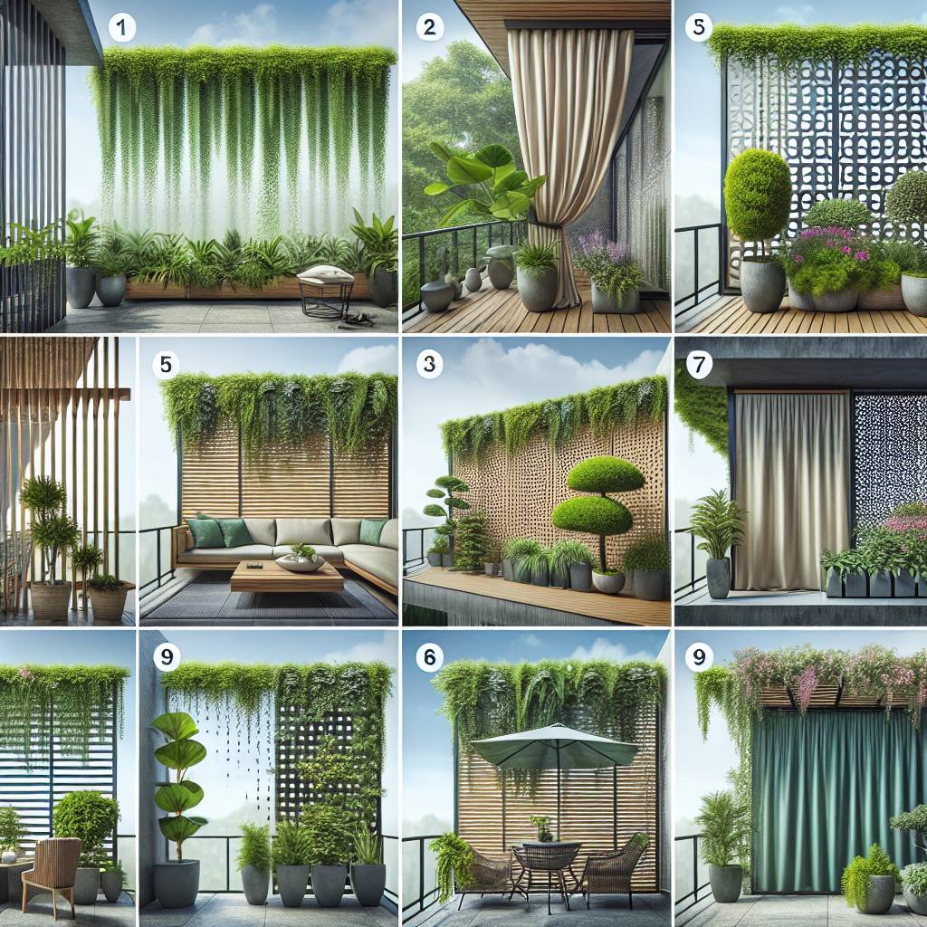 Varied balcony gardens with vertical greenery and furniture.
