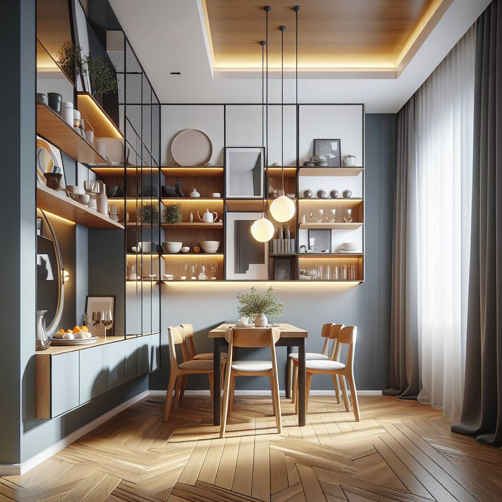 Modern dining room with wooden shelves and pendant lights.