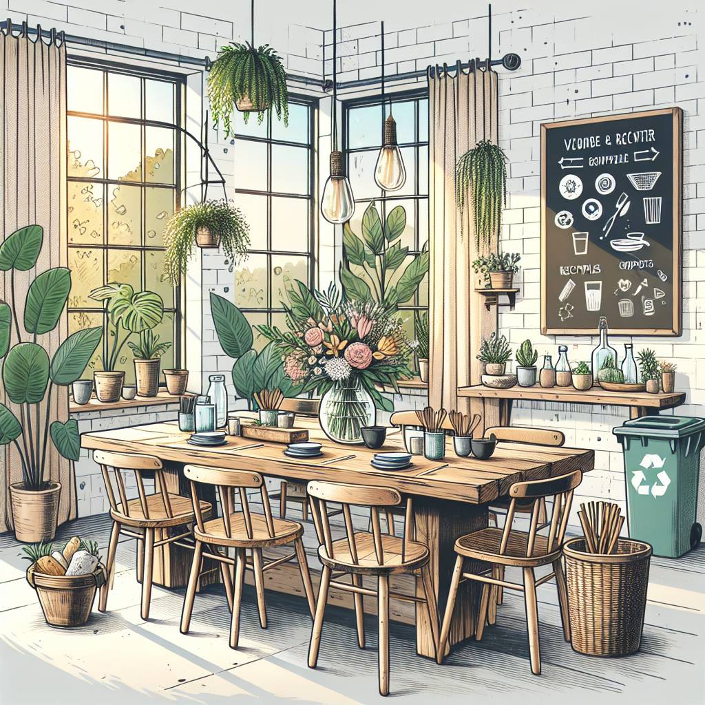 Cozy, plant-filled dining room illustration with wooden furniture.