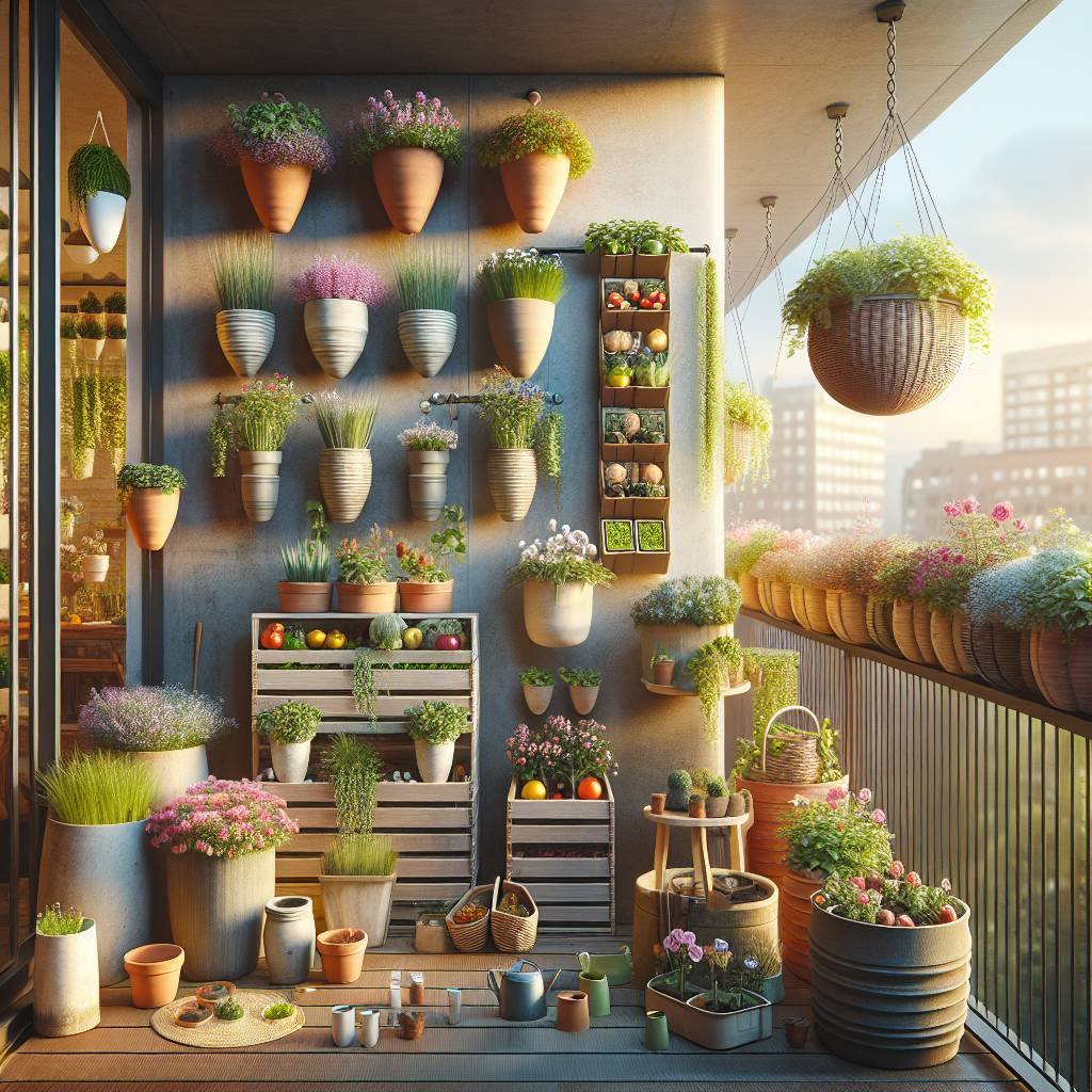Urban balcony garden at sunset with plants and flowers.