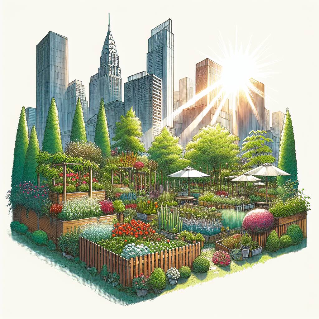Urban garden with skyscrapers and sunrise.