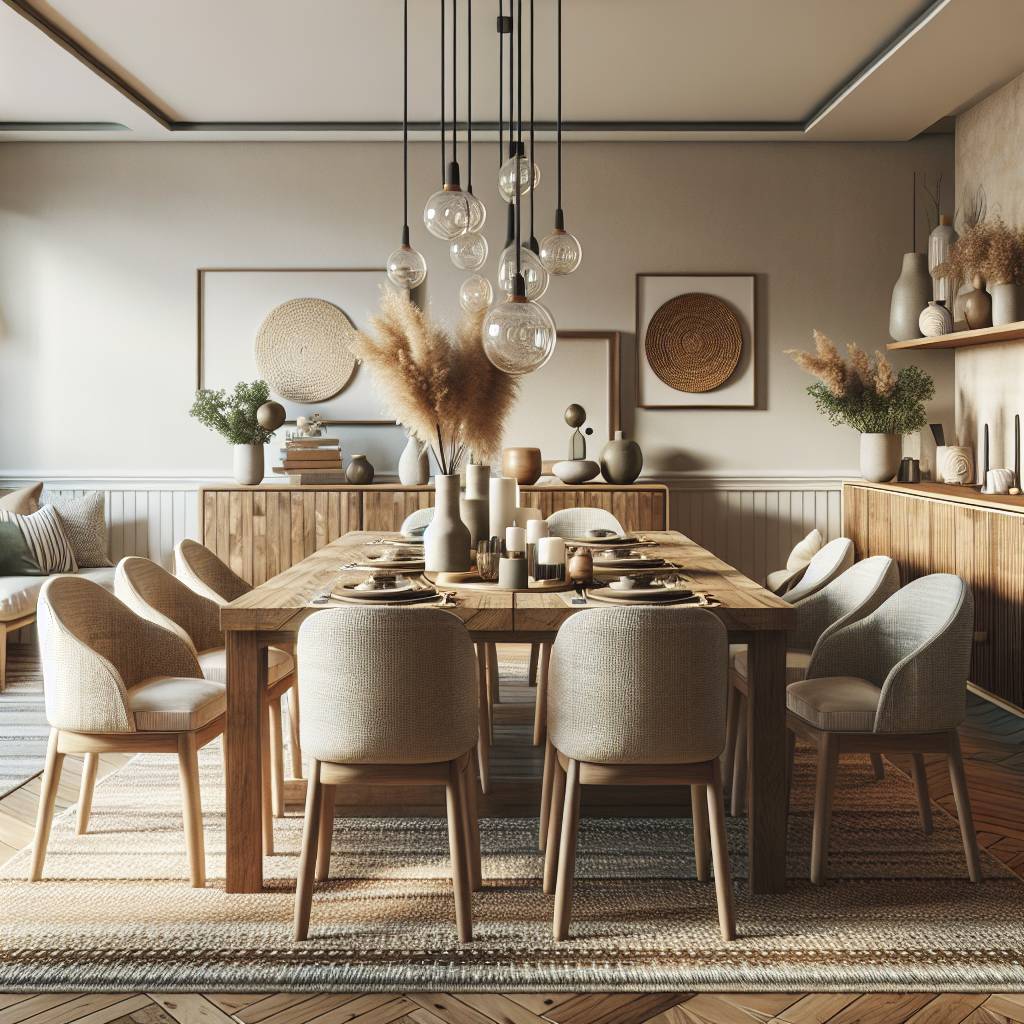 Modern dining room with stylish wooden furniture and decor.