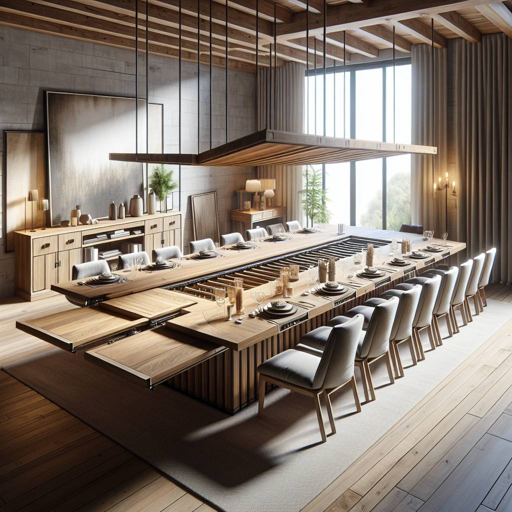 Modern wooden dining room interior design with natural light.
