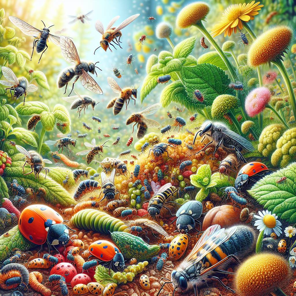 Colorful illustration of diverse garden insects and plants.