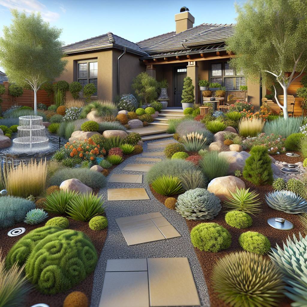 Landscaped garden with fountain at desert-style home.