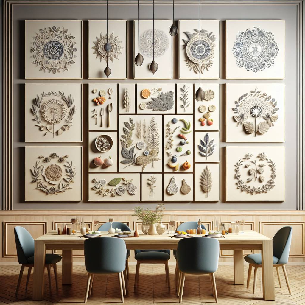 Elegant dining room with botanical wall art panels.
