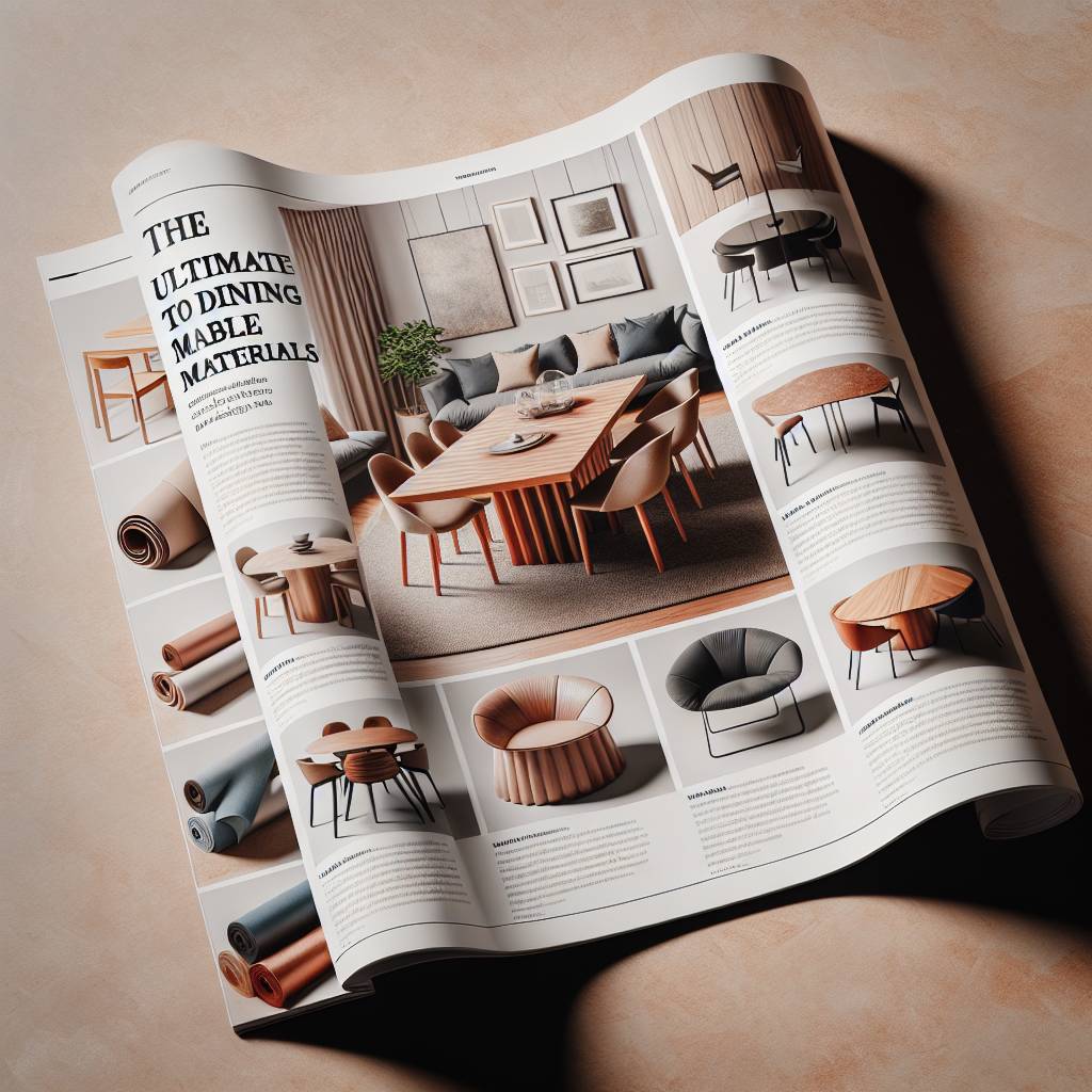 Interior design magazine open to dining furniture article.