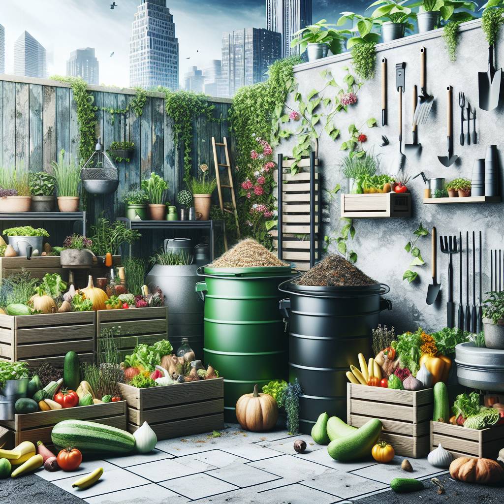 Urban garden with vegetables, compost bins, and gardening tools.