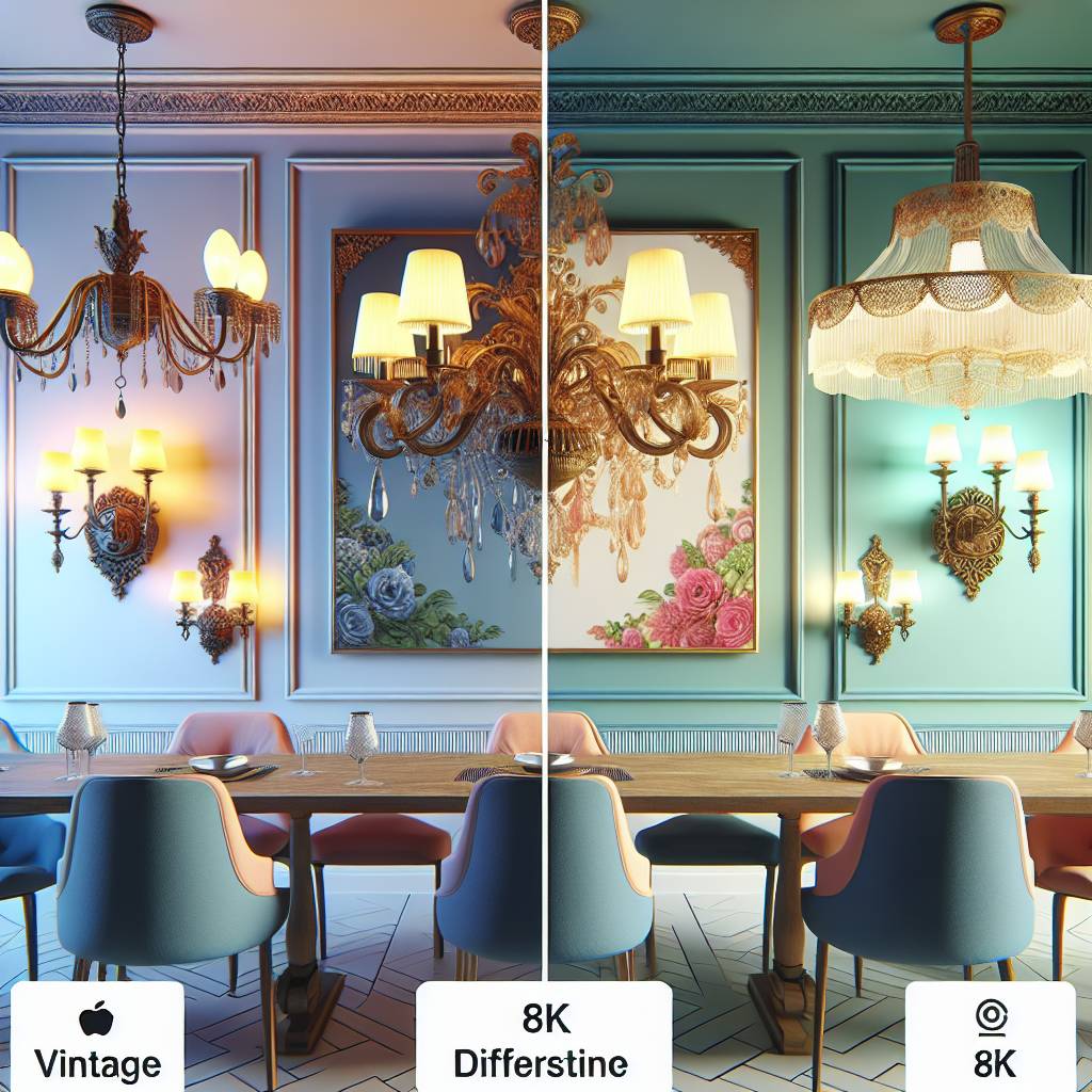 Elegant vintage and modern dining room interior comparison.
