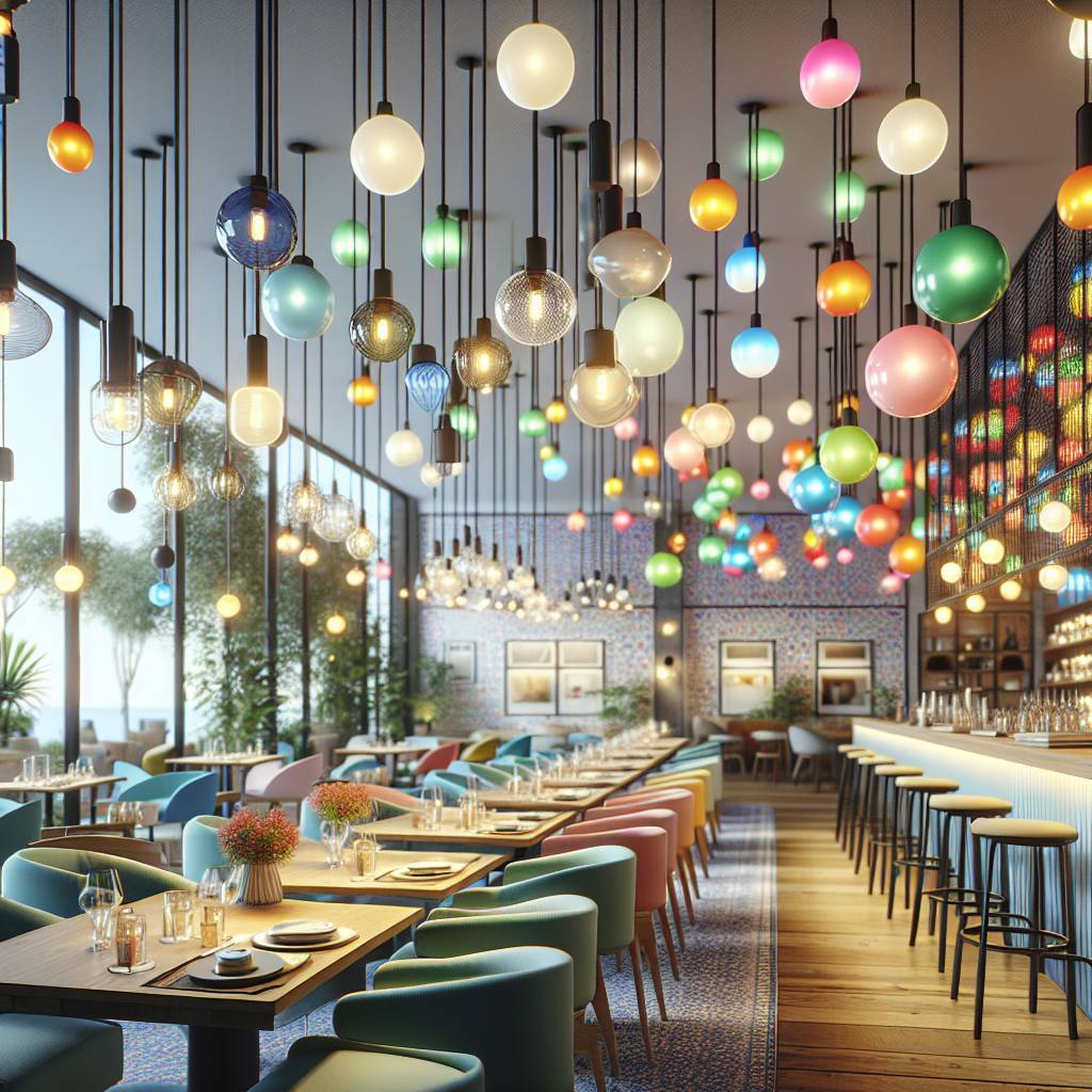 Colorful pendant lights in modern restaurant interior design.