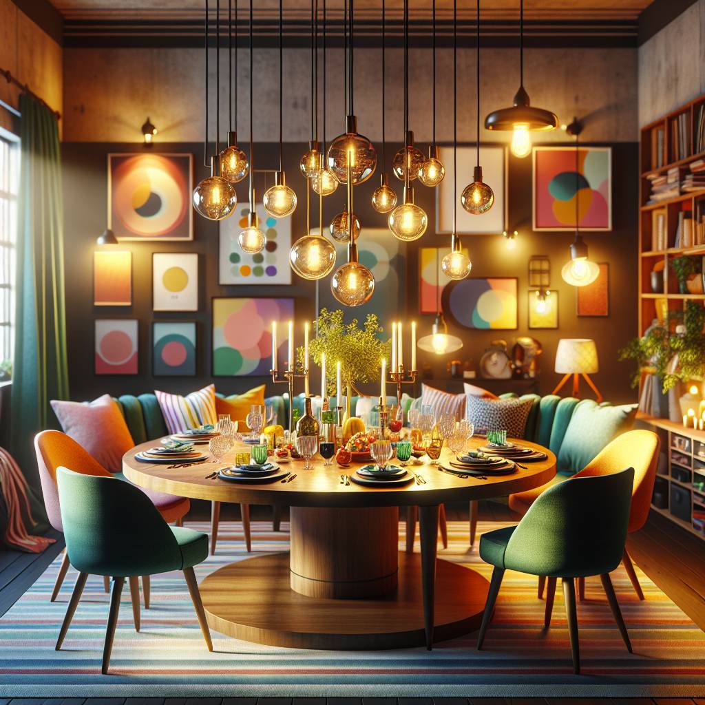 Modern dining room with stylish decor and pendant lights.
