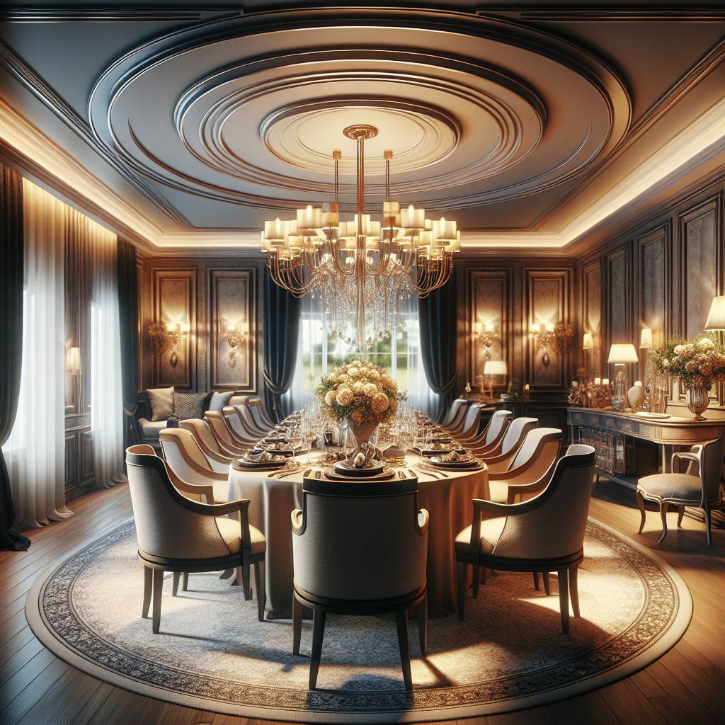 Elegant dining room with chandelier and classic furniture.