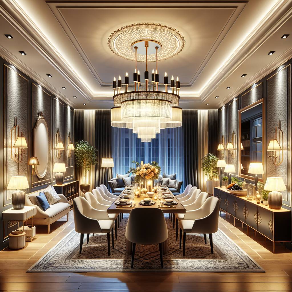 Luxurious modern dining room interior with elegant lighting.