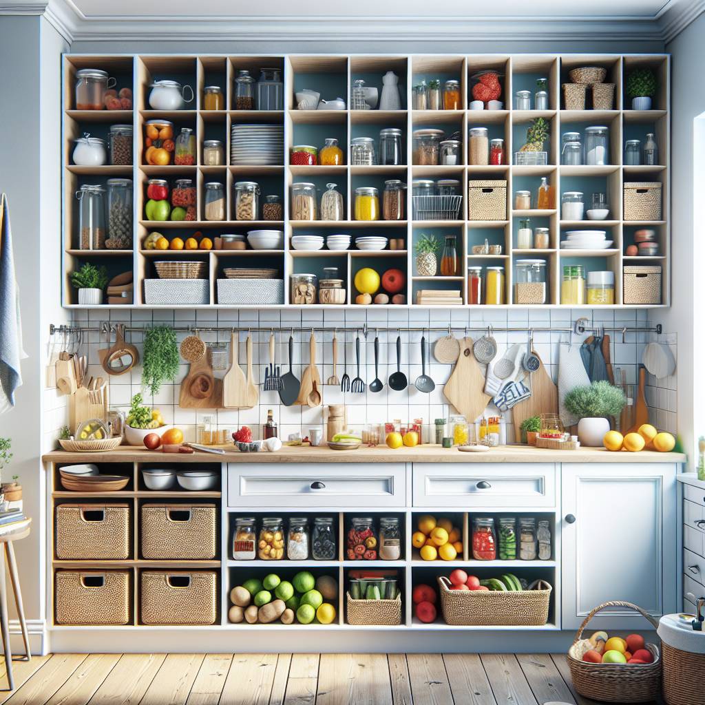 Organized kitchen shelves full of jars and utensils.