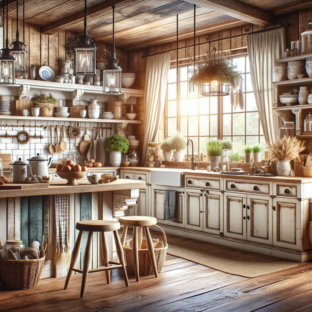 Rustic kitchen interior with sunlight and wooden details.