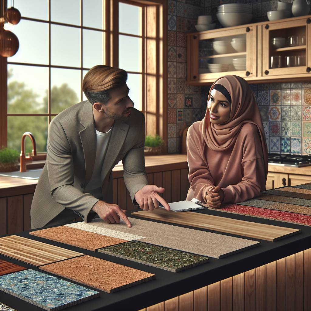 Two people discussing countertop materials in a kitchen setting.
