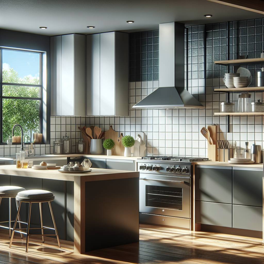 Modern kitchen interior with sunlight and greenery outside.