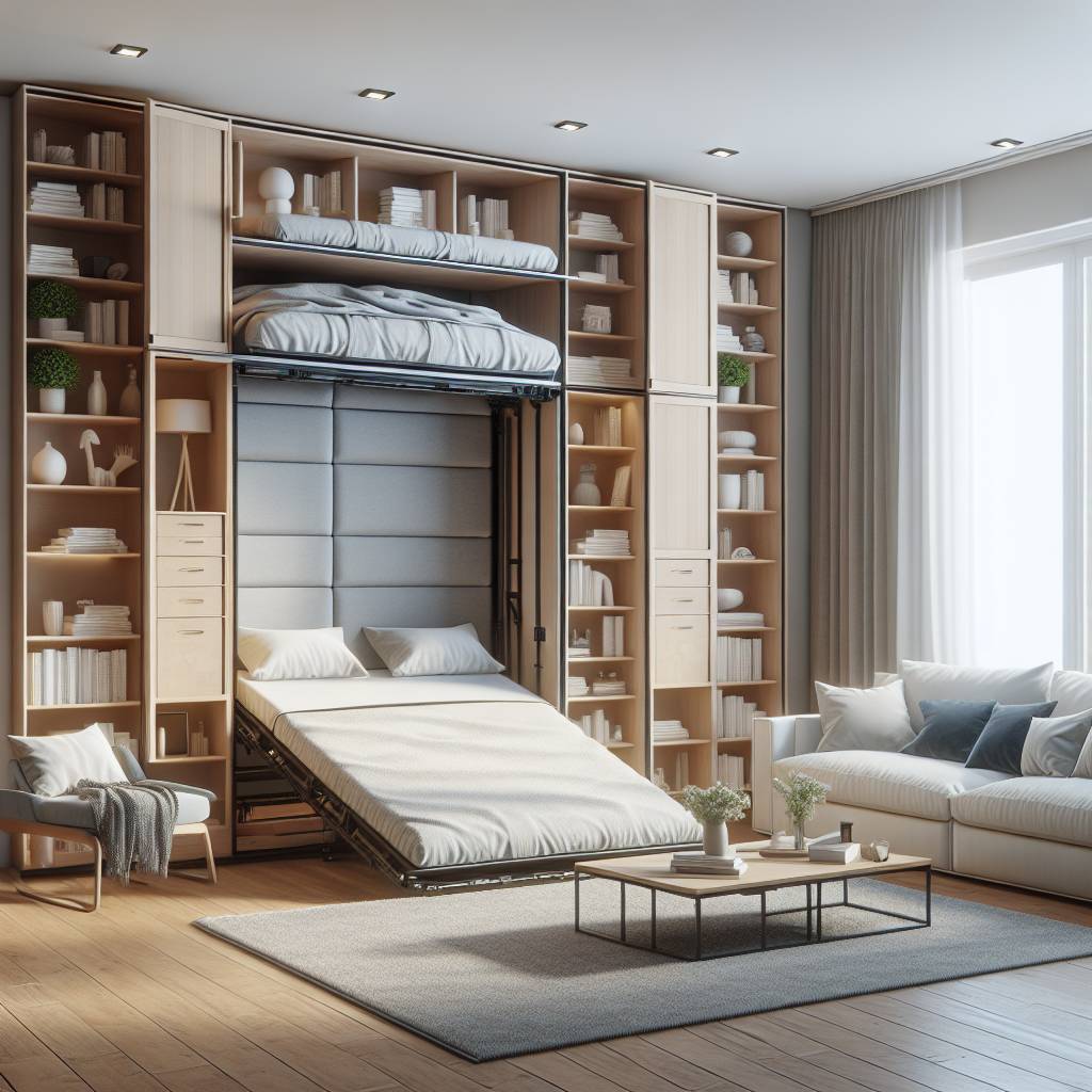 Modern Murphy bed in stylish apartment interior design.