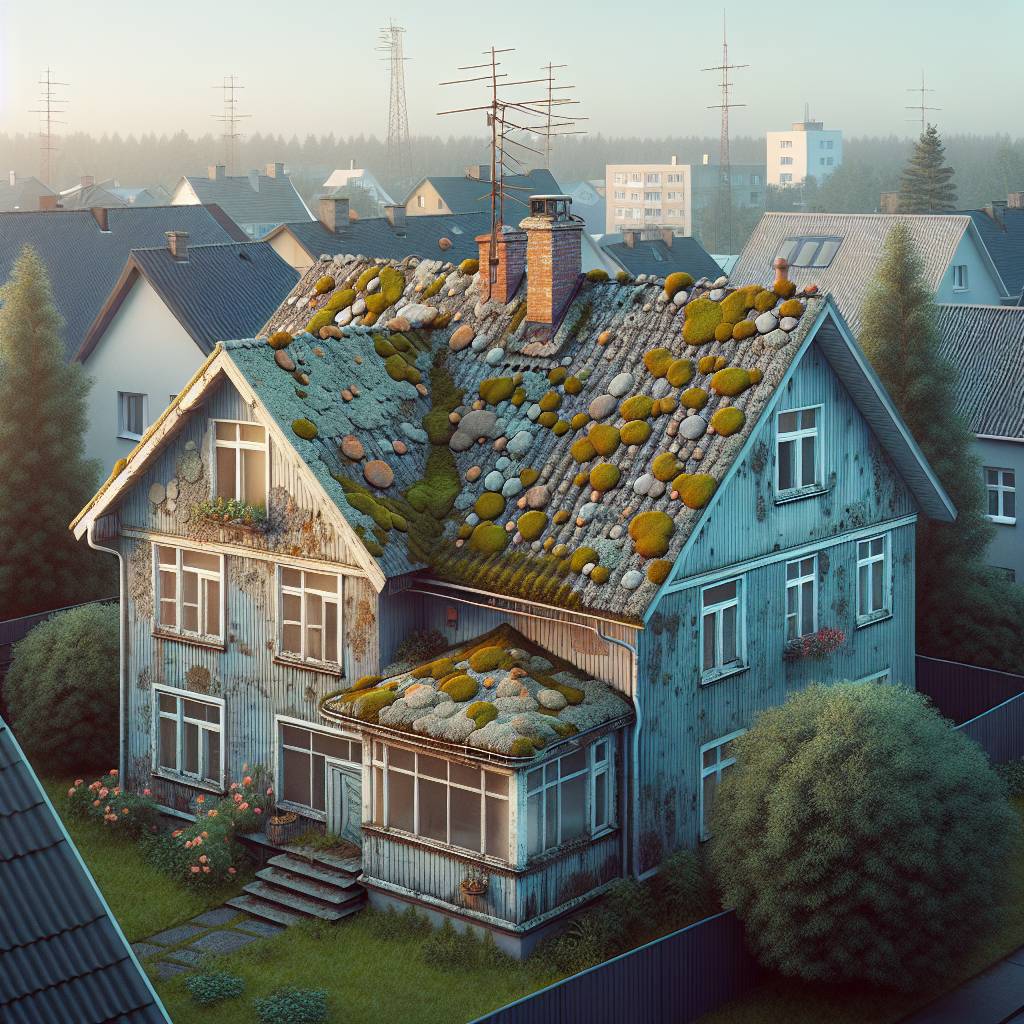 Overgrown roof garden on abandoned house at dawn