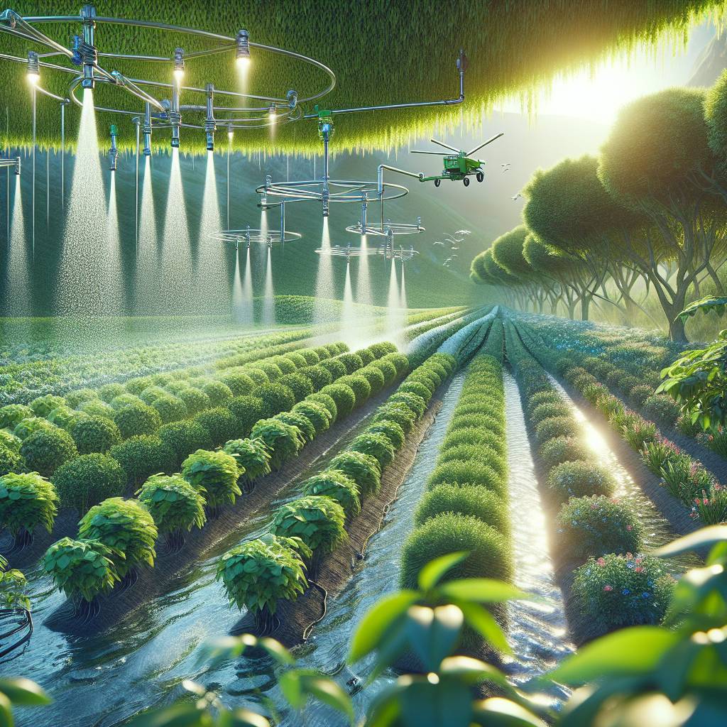 Drones watering crops in futuristic farm irrigation system.