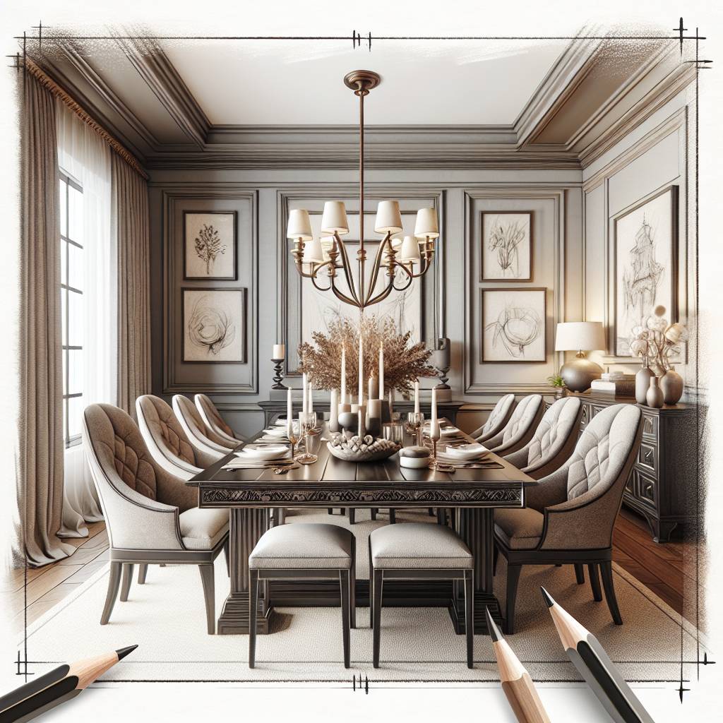 Elegant dining room interior design with chandelier.