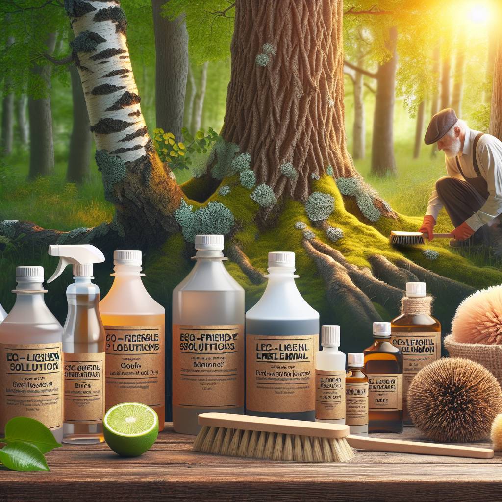 Eco-friendly cleaning products displayed in forest setting.