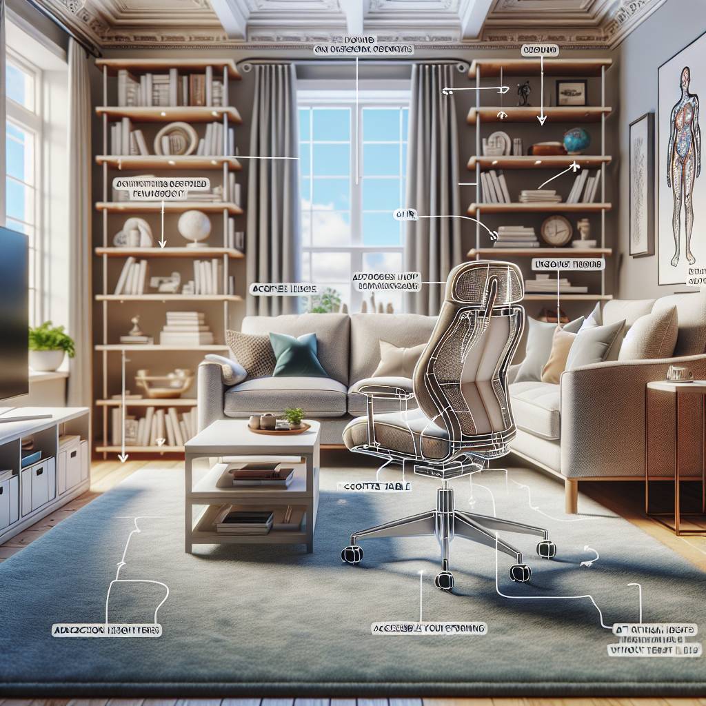 Modern living room with annotated ergonomic chair design