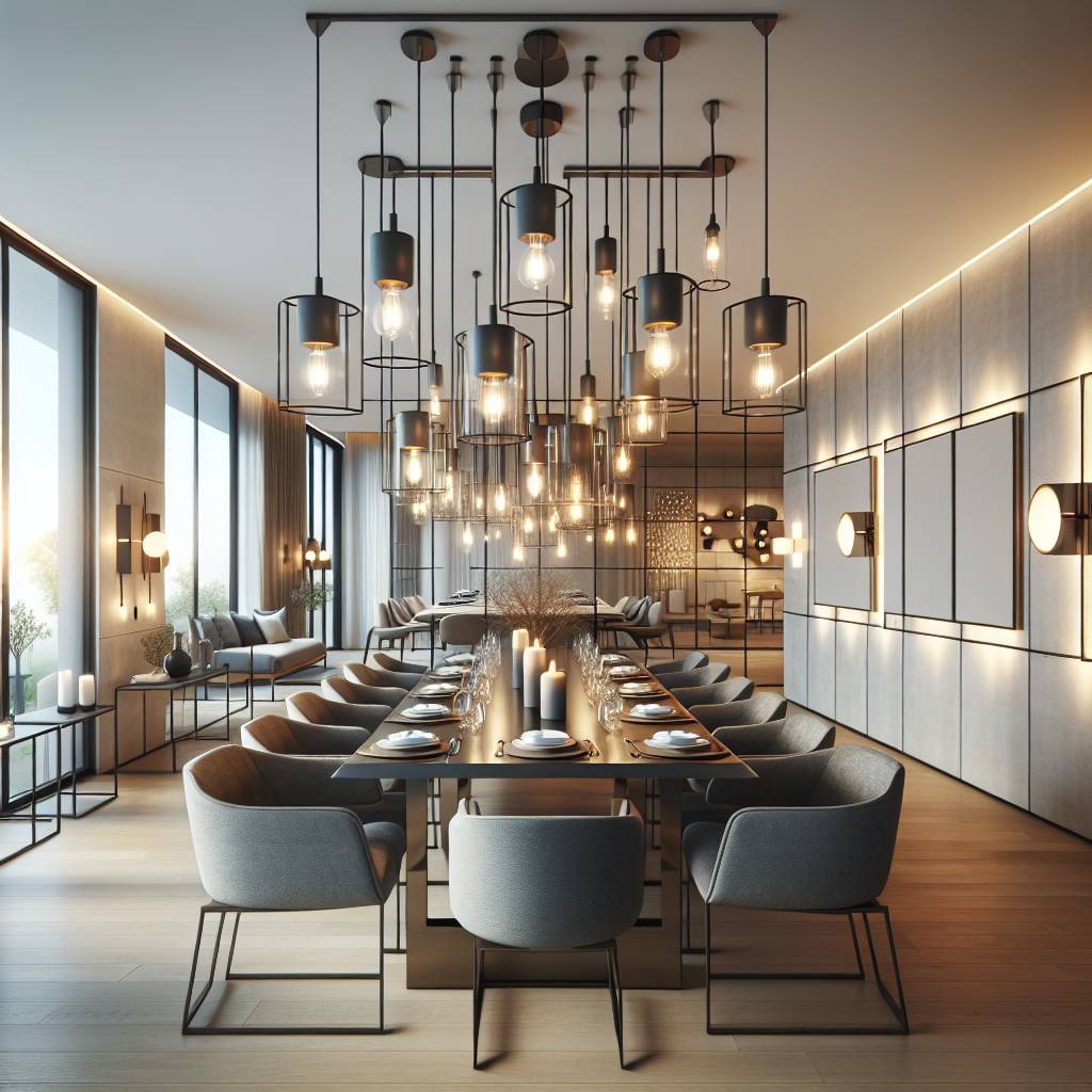 Modern dining room with stylish pendant lighting and decor.