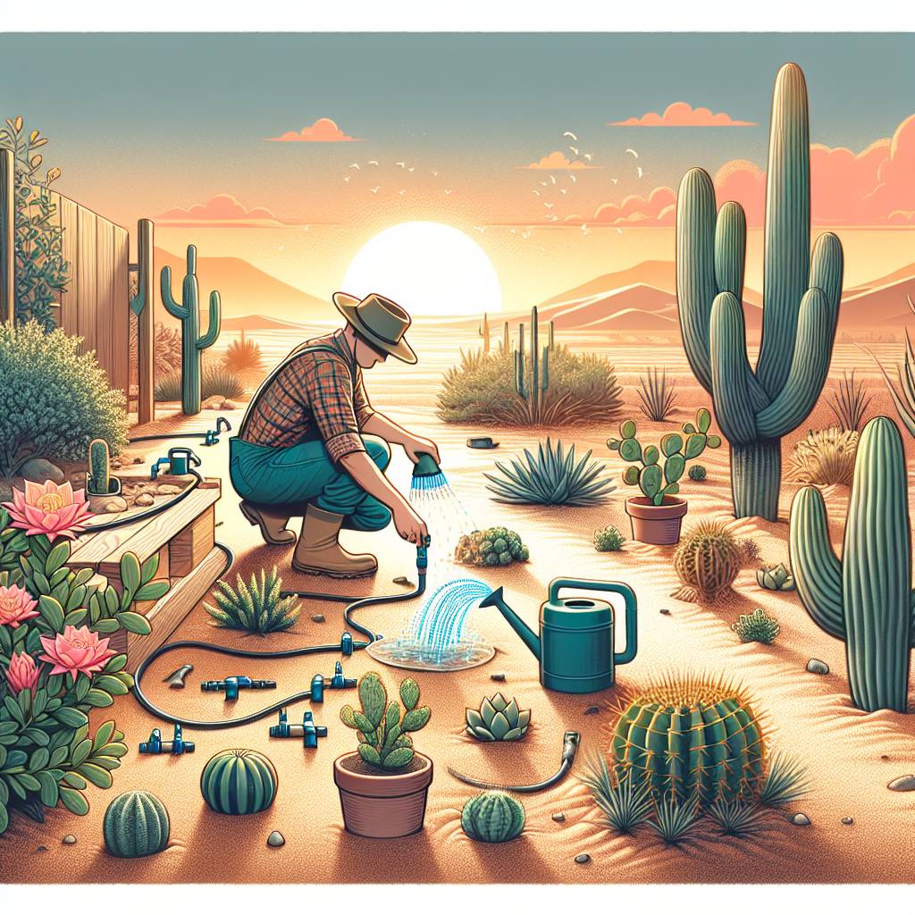 Gardener watering cacti at sunset in desert garden.