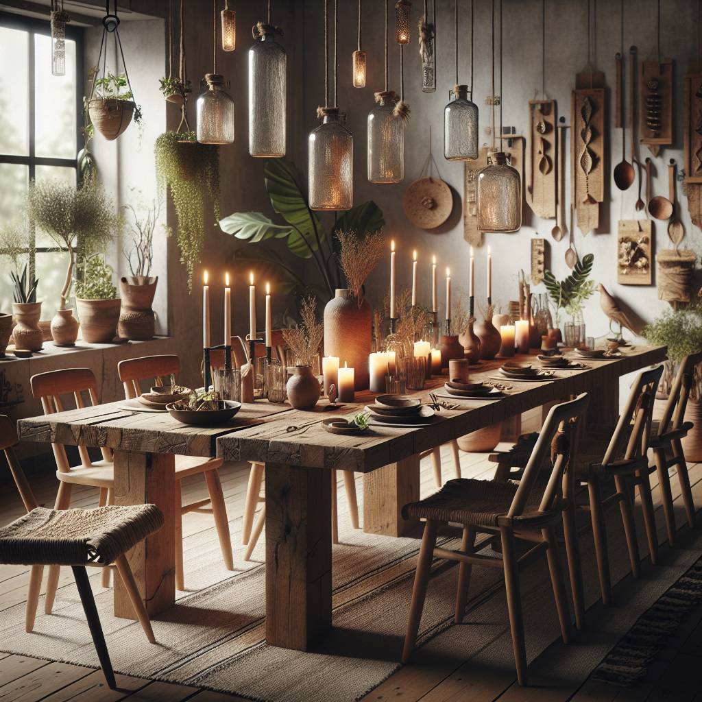 Rustic dining setting with candles and hanging glass jars.
