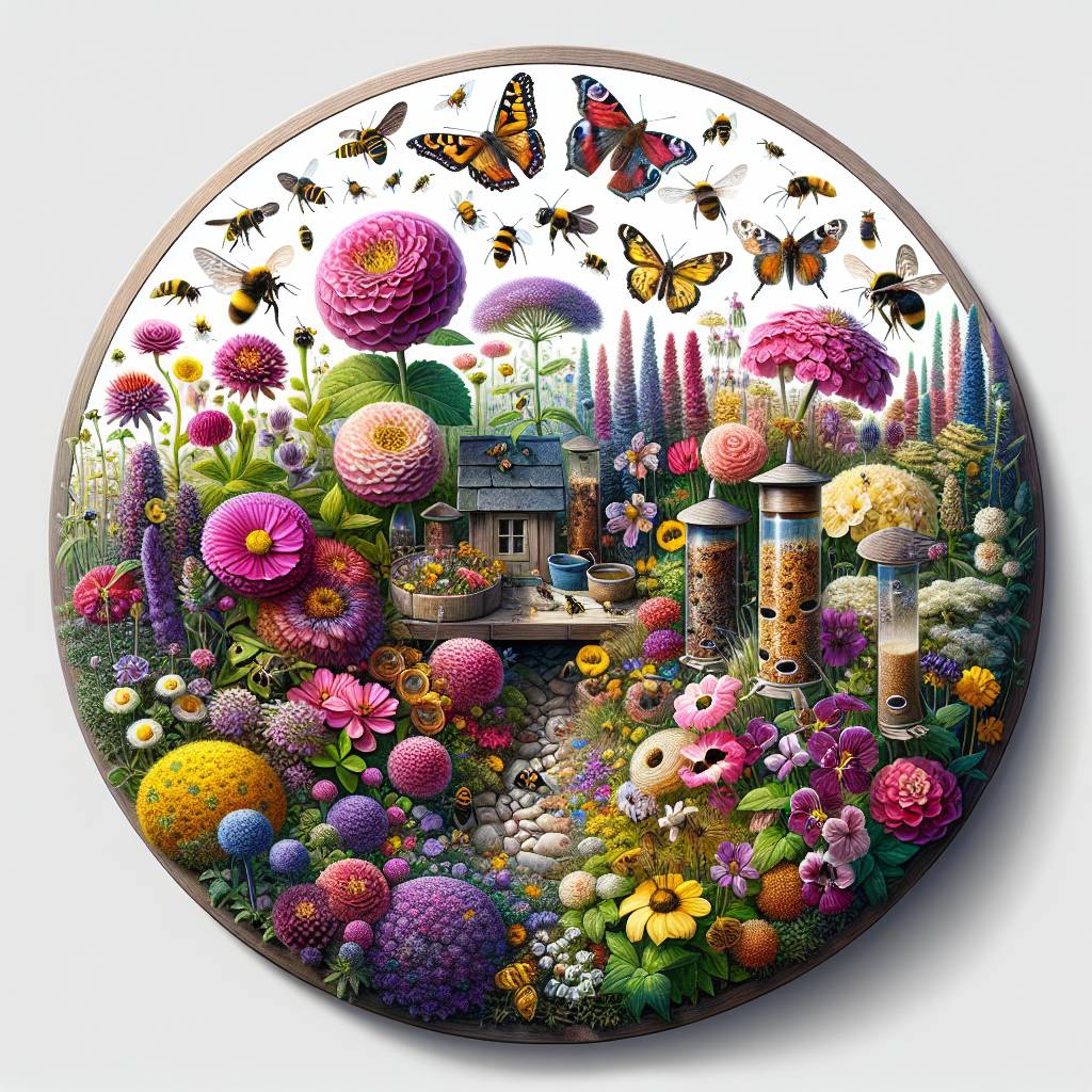 Vibrant garden illustration with flowers, bees, and birdhouse.
