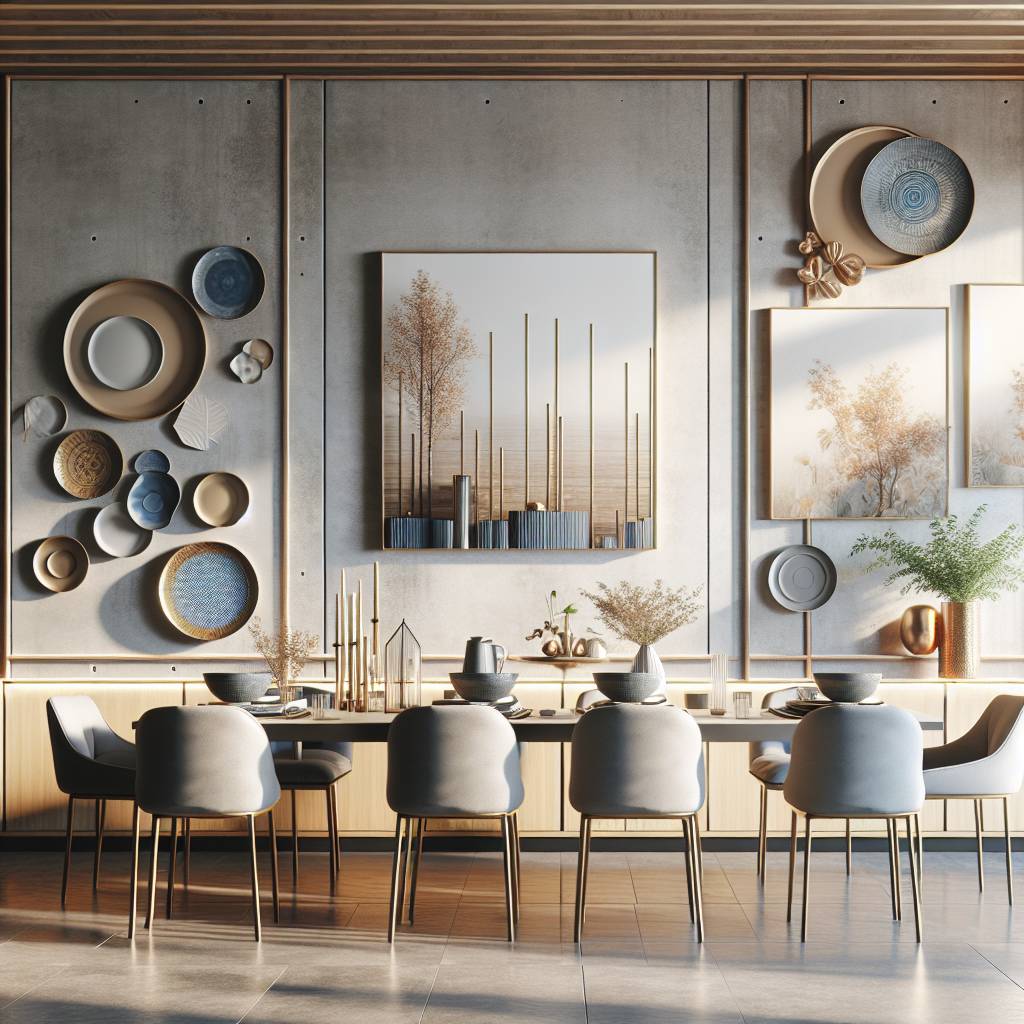 Modern dining room with decorative wall art and plates.