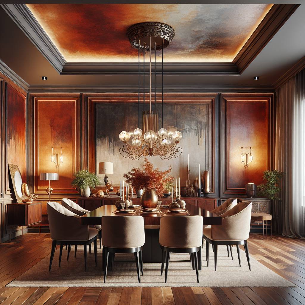 Elegant dining room with chandelier and wood paneling.