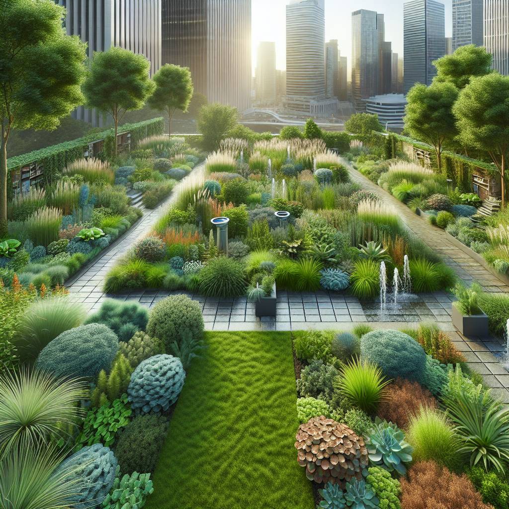 Urban rooftop garden with lush greenery and skyscrapers.