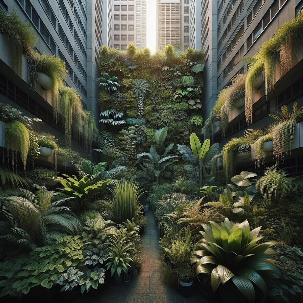 Urban garden alley with lush green walls and sunlight.