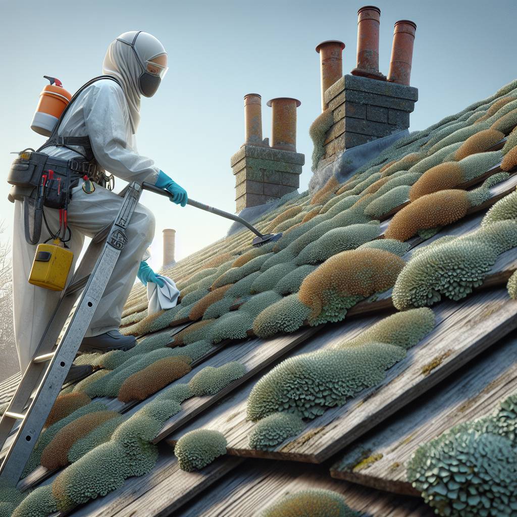 Worker in protective gear cleaning moss-covered roof.