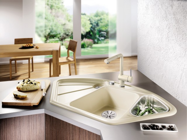 Modern kitchen sink with garden view.