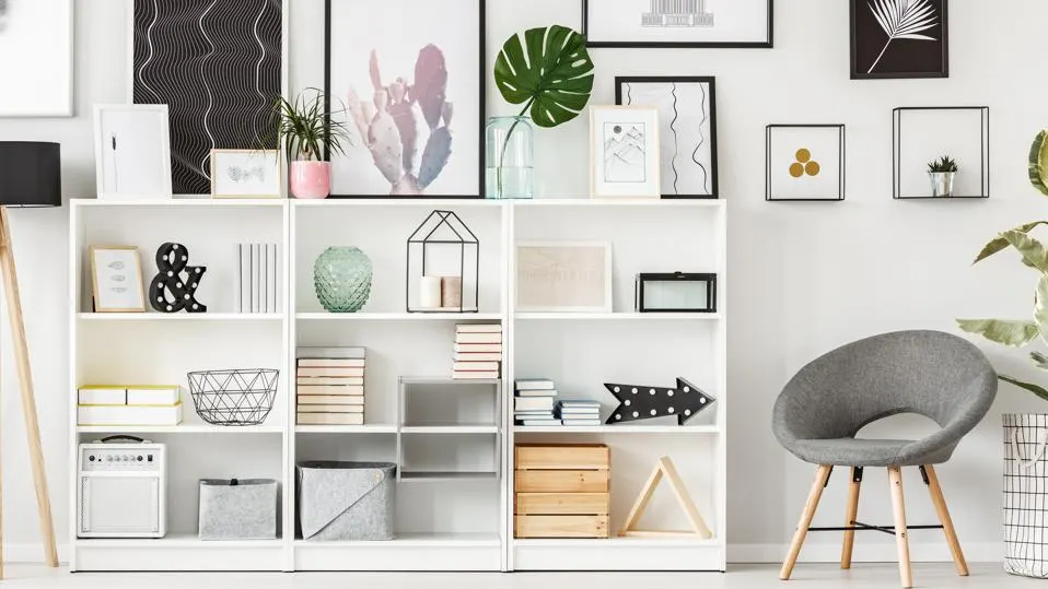 Modern styled shelving unit with decor and houseplants.
