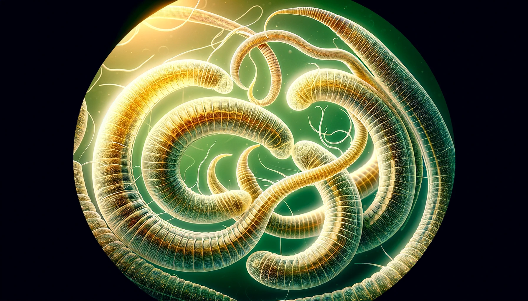 Glowing digital artwork of abstract nematodes.