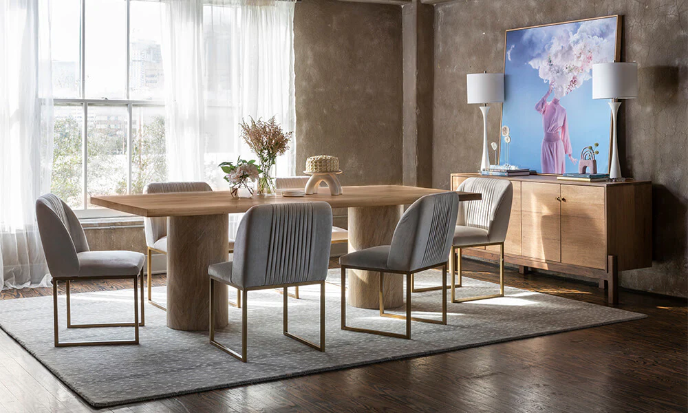 Elegant modern dining room interior design with natural light.