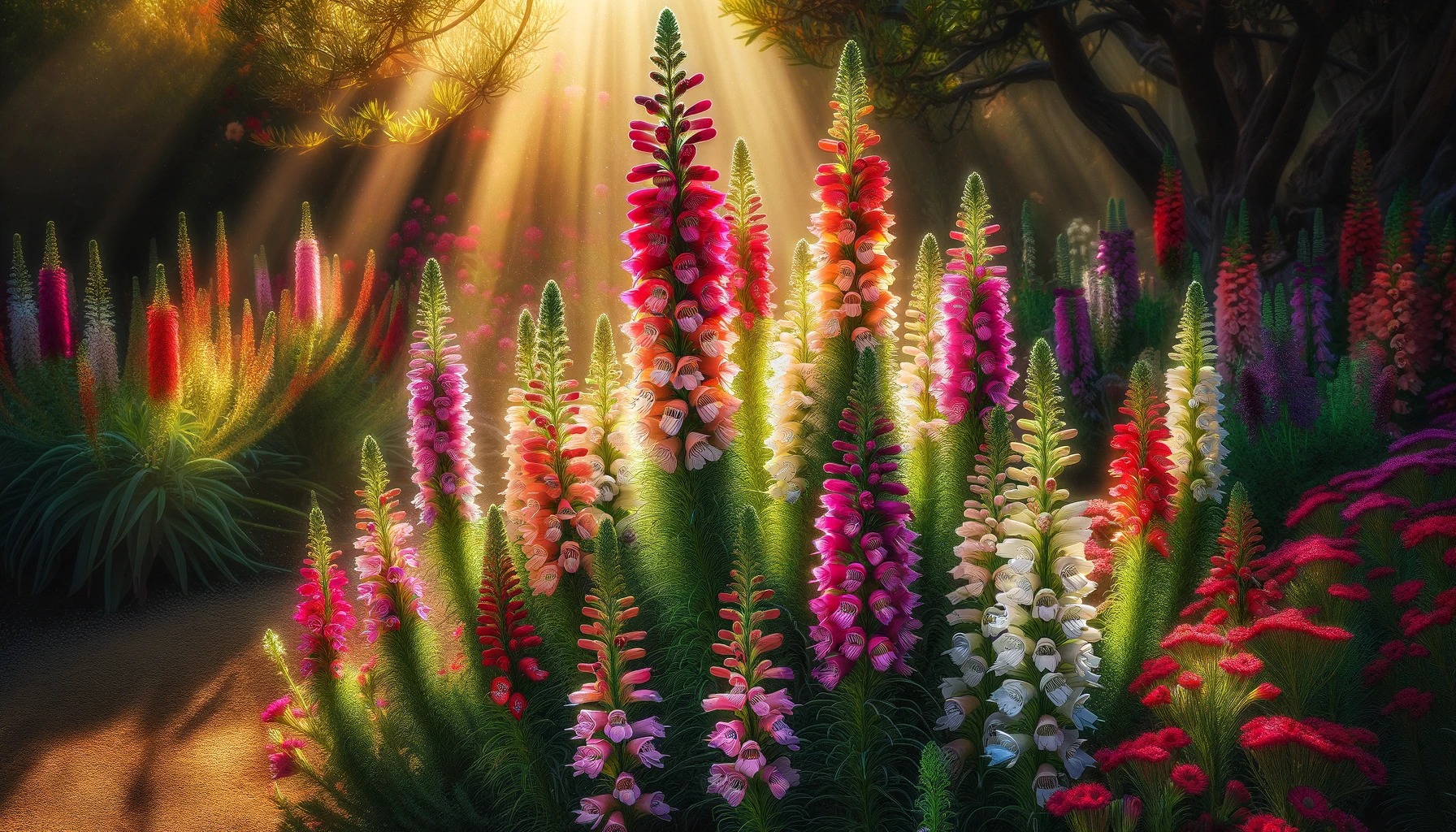 Sunlight streaming on vibrant multicolored lupine flowers.
