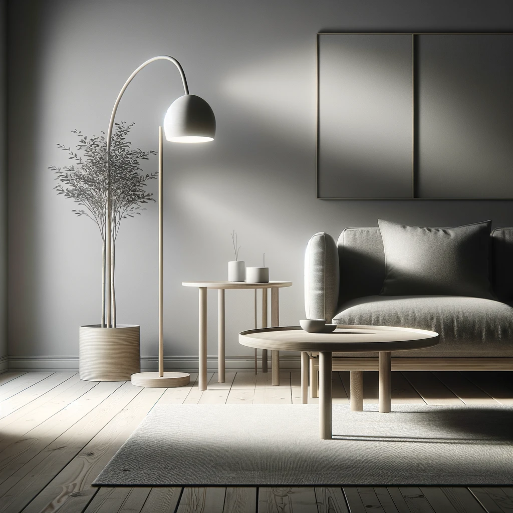 Modern minimalist living room interior with stylish furniture.
