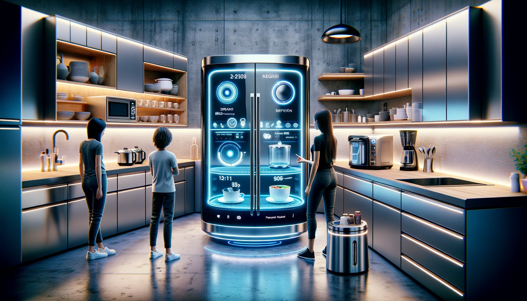 Futuristic kitchen with smart appliance and interactive interface.